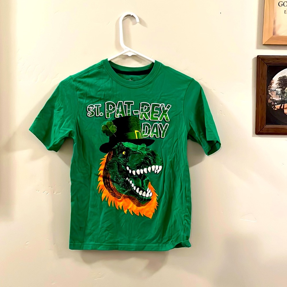 Boy’s Short Sleeved T-shirt, Green, Orange, White, Saint Patrick’s Day, Dinosaur